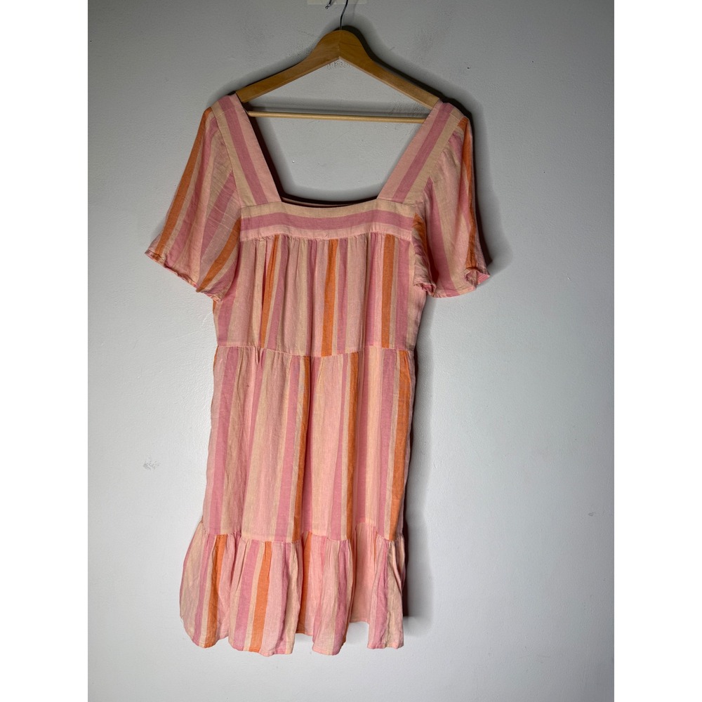 Rails Striped Linen Blend Tiered Mini Dress Pink Orange Square Neck Small